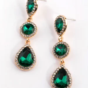 Green Diamante Circle & Teardrop Earrings