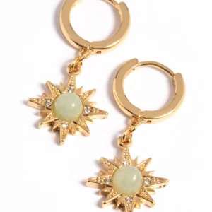 Gold Plated Green Semi Precious Sun Earrings