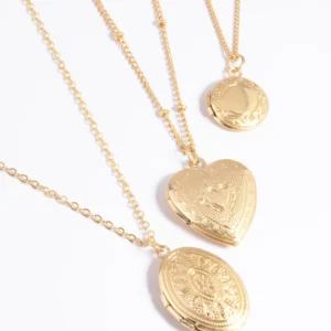Worn Gold Mix Locket Triple Row Necklace