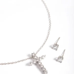 Rhodium Diamond Simulant Stud & Cross Necklace Set