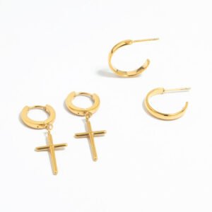 Waterproof Gold Plated Stainless Steel Cross Hoop Earrings 2-Pack