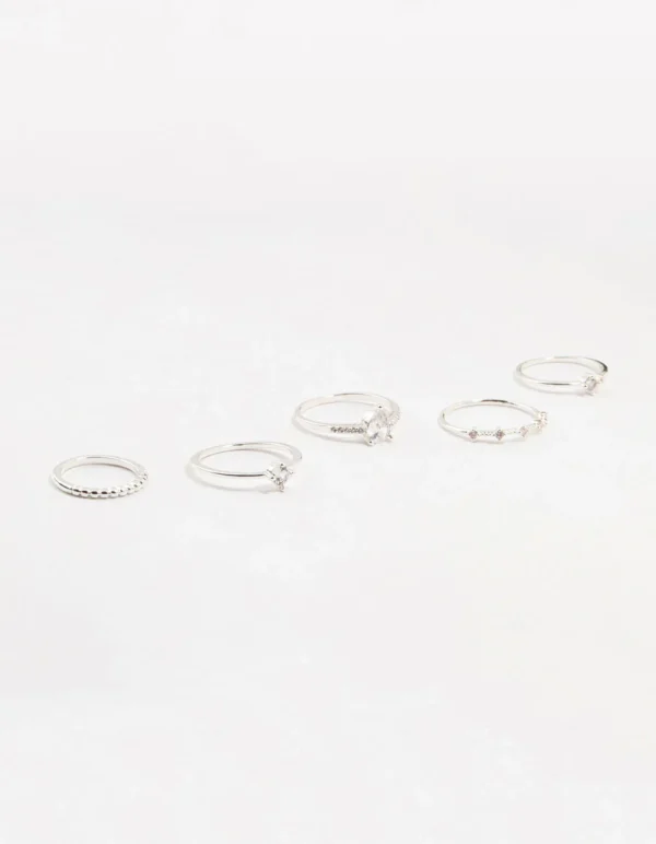 Silver Fine Pear Shaped Cubic Zirconia Rings 5-Pack