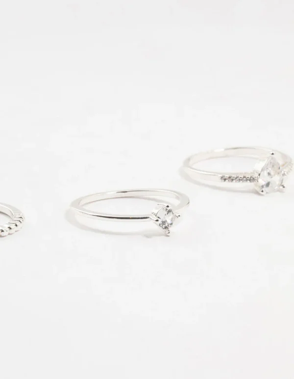 Silver Fine Pear Shaped Cubic Zirconia Rings 5-Pack