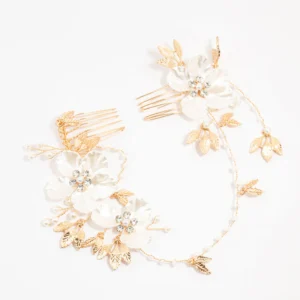 Gold Pearlised Flower Trio Draped Comb Head Piece