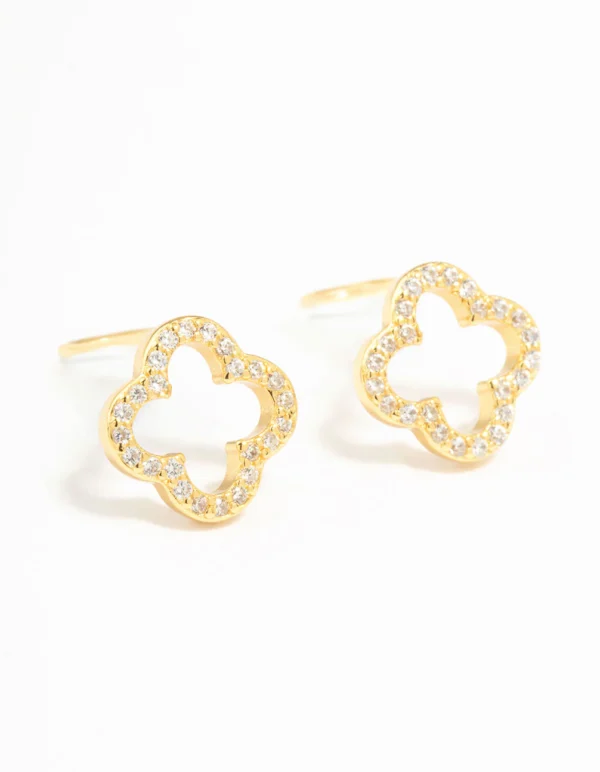 Gold Plated Sterling Silver Cubic Zirconia Flower Stud Earrings
