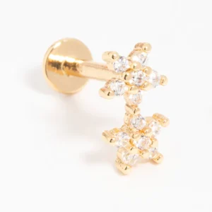 Gold Plated Surgical Steel Cubic Zirconia Double Star Flat Back Stud