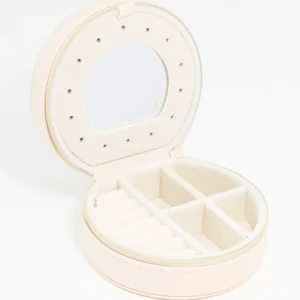 Cream PU Leather Small Round Jewellery Box