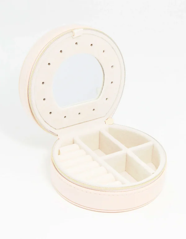 Cream PU Leather Small Round Jewellery Box