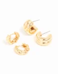 Gold Plated Brass Twist & Ribbed Huggie Earrings 2-Pack
