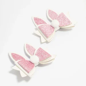 Kids Bunny Pom Pom Bow Fabric Hair Clips 2-Pack