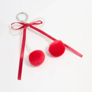 Pearl Beaded Bow & Red Pom Pom Keychain