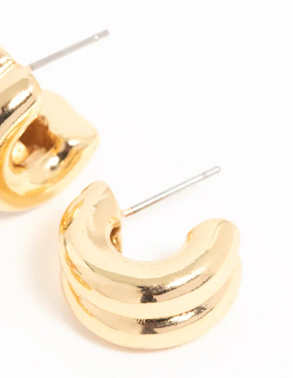 Gold Plated Brass Twist & Ribbed Huggie Earrings 2-Pack