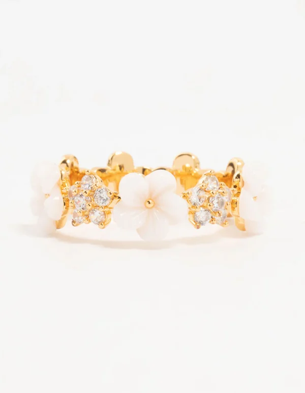 Gold Plated Alternating Flower Cubic Zirconia Band Ring